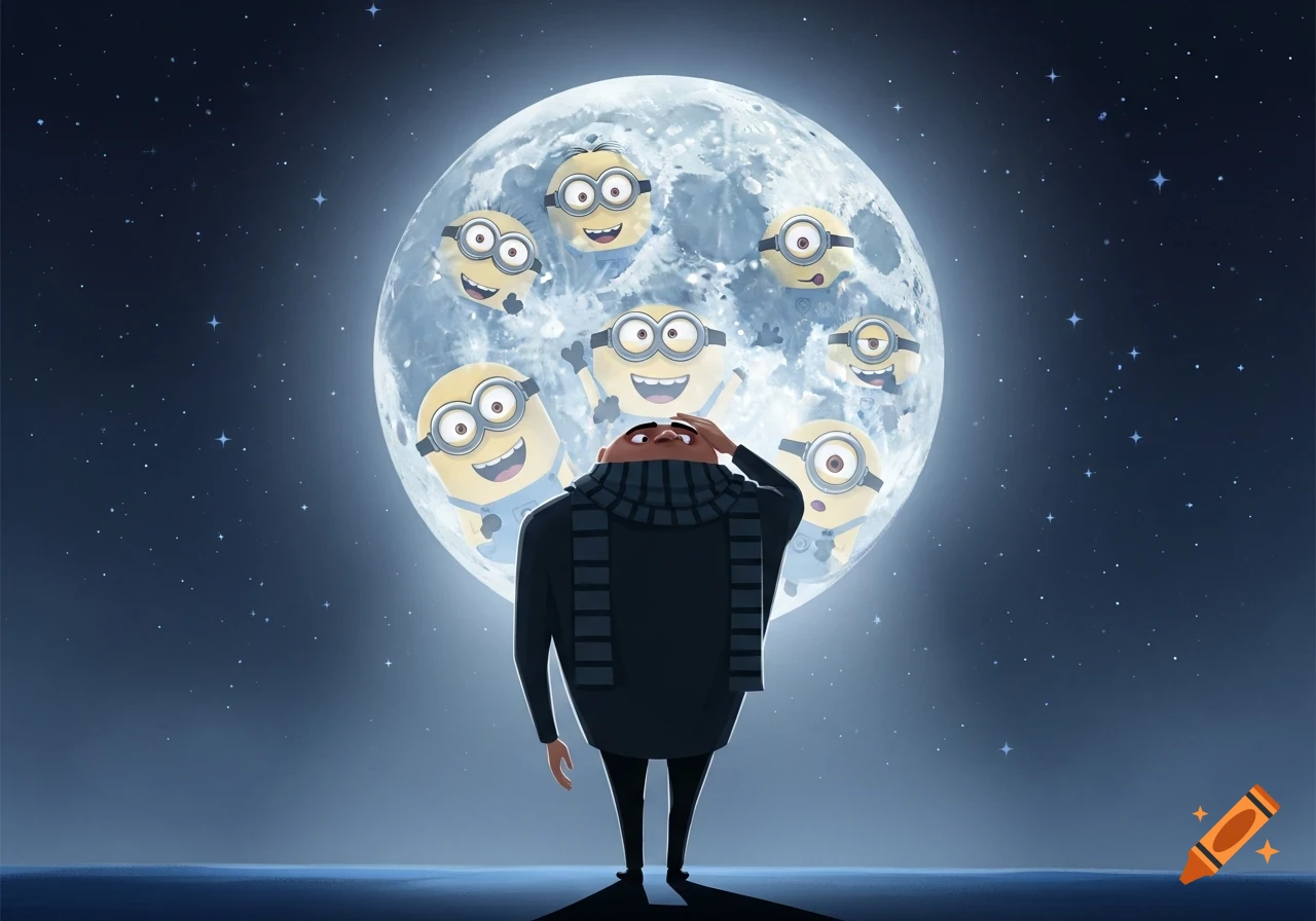Gru, seen from behind, looks up at a full moon filled with smiling Minion faces in a starry night sky.