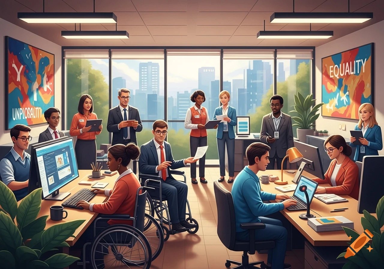 An office scene with diverse employees, including two individuals in wheelchairs, working on computers and interacting. Posters on the wall depict abstract art and text.