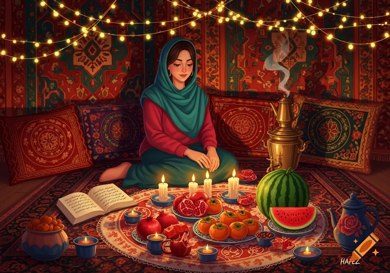 A woman in a teal headscarf and red top sits cross-legged on a patterned rug, surrounded by lit candles, pomegranates, persimmons, and watermelon, celebrating Yalda Night.