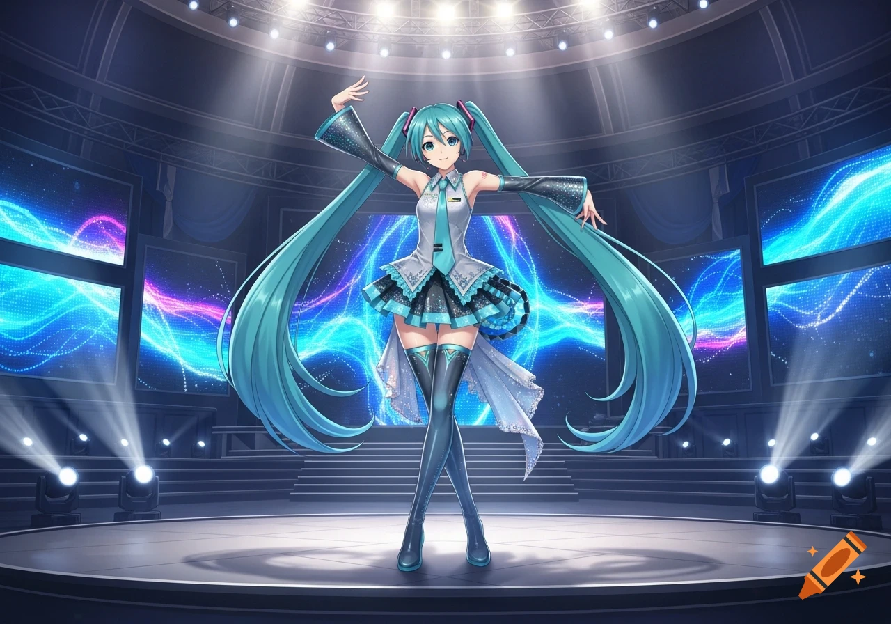 Hatsune Miku, a teal-haired anime idol, poses on a futuristic concert stage with glowing blue screens and spotlights.