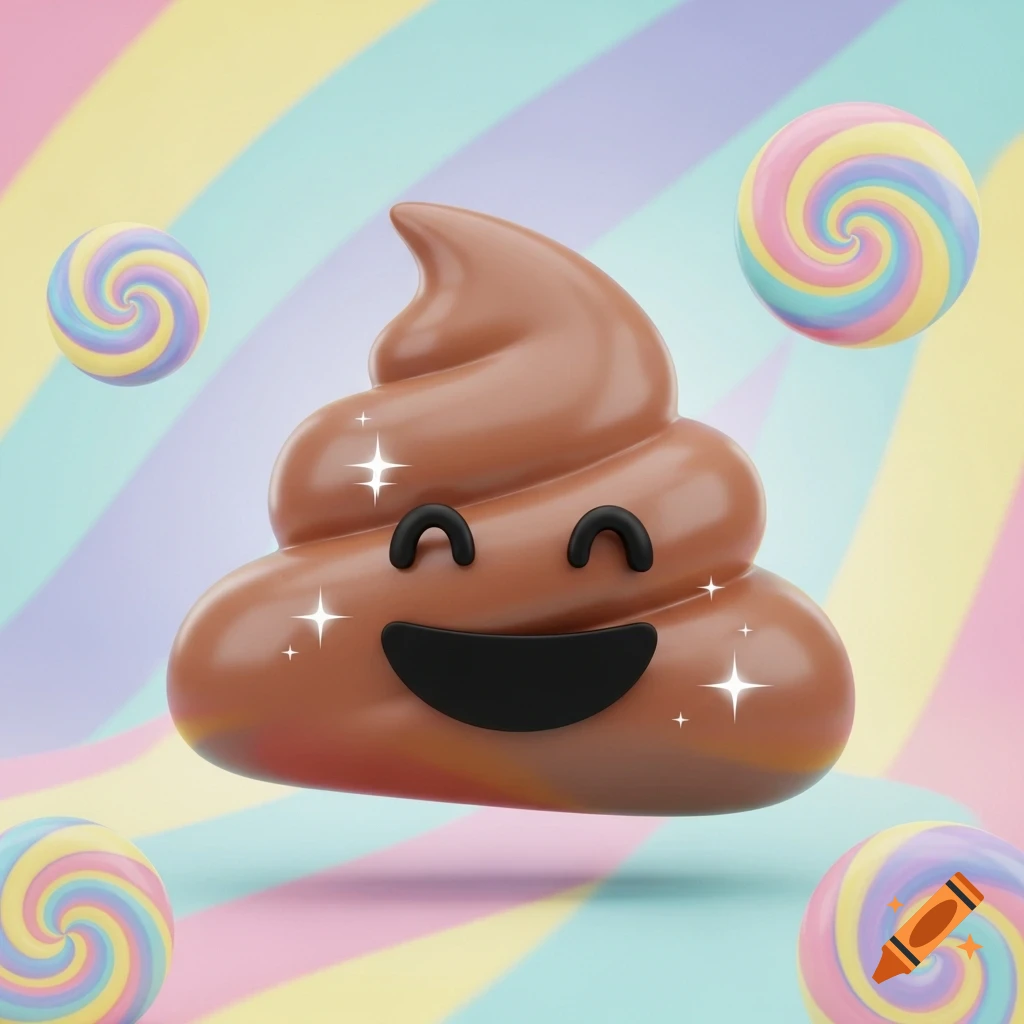 A cute 3D brown poop emoji with a happy face and sparkles, surrounded by rainbow swirl lollipops on a pastel striped background.