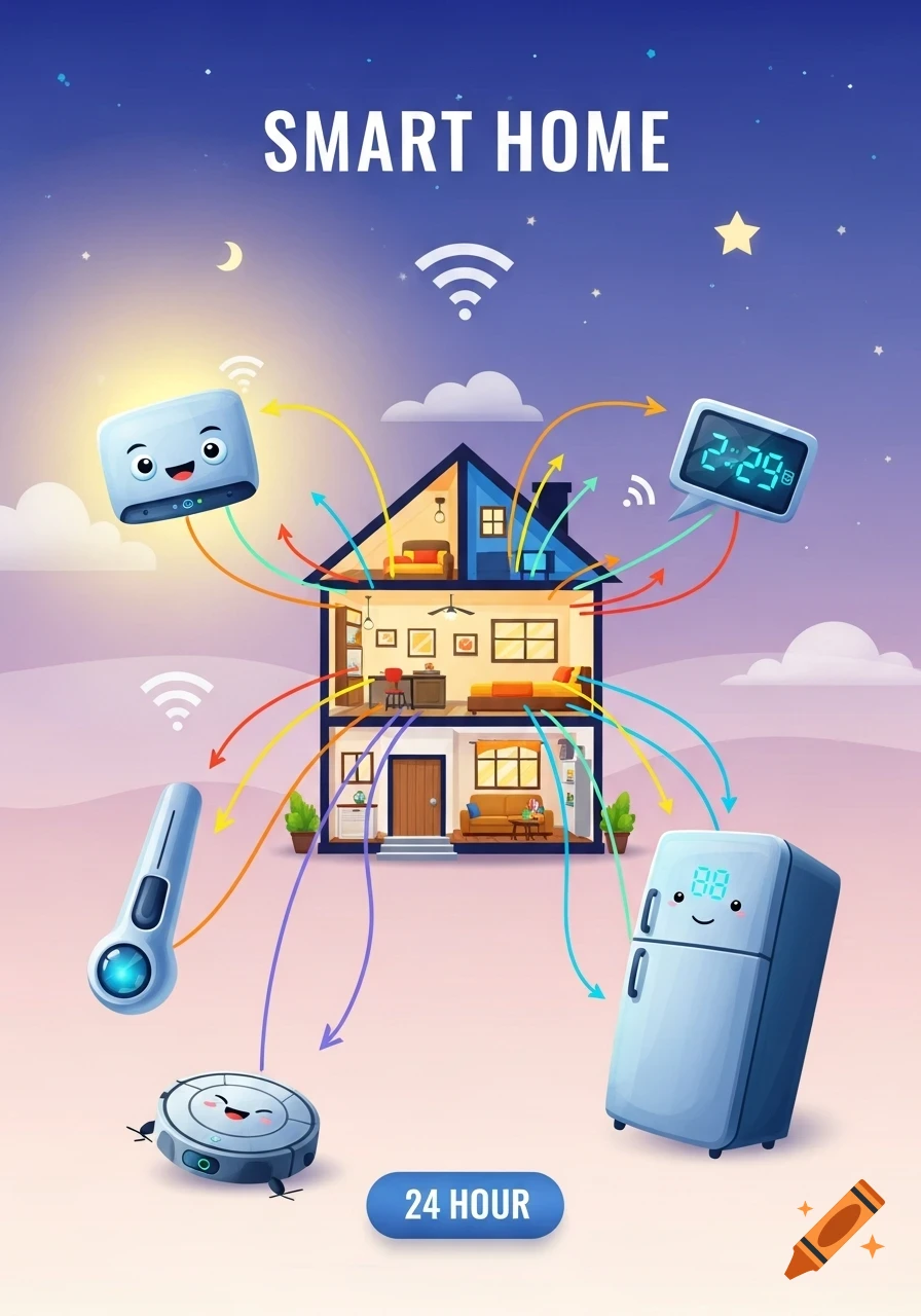 Cartoon illustration of a cutaway smart home with smiling smart devices like a router, robot vacuum, and refrigerator connected by colorful arrows.