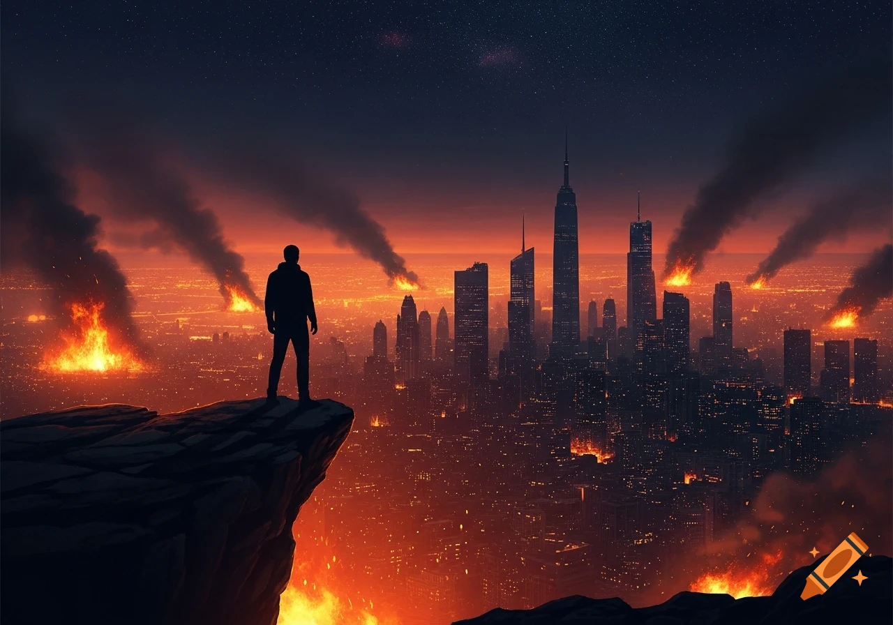 Silhouette of a man on a cliff overlooking a burning city at dusk, with smoke rising and stars visible.