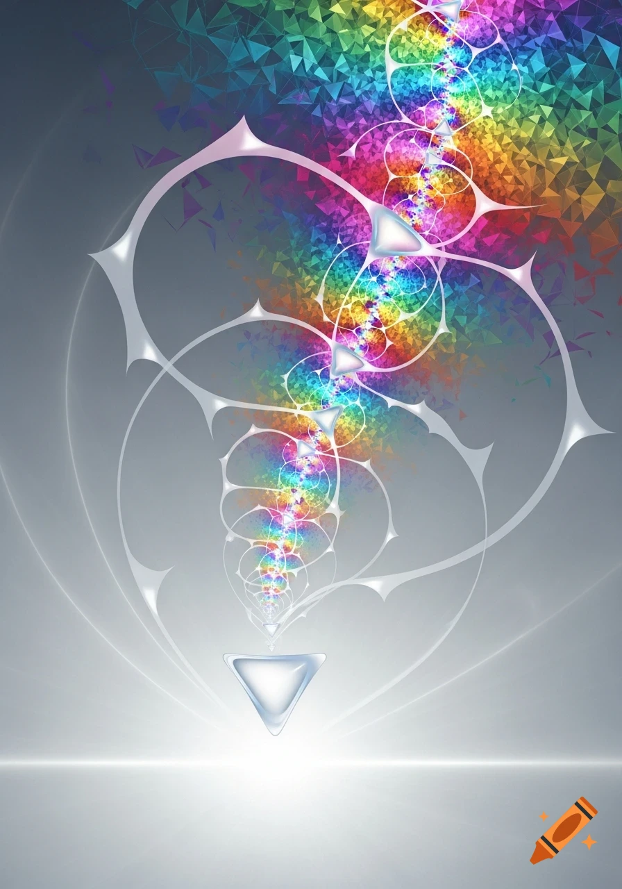 Abstract digital art depicting a vibrant rainbow fractal evolving from a white triangle against a gray background.