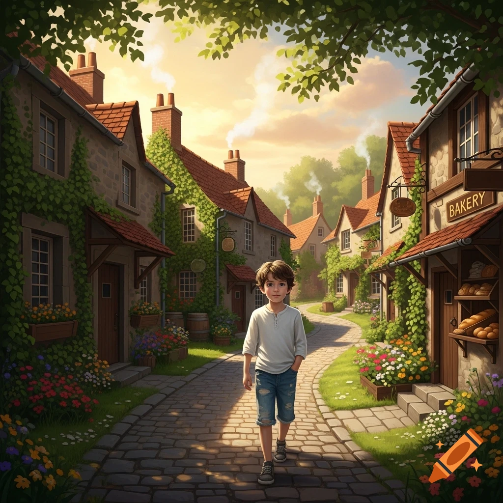 An illustrated boy walks on a cobblestone path through a charming, ivy-covered village at sunset, with a bakery on the right.