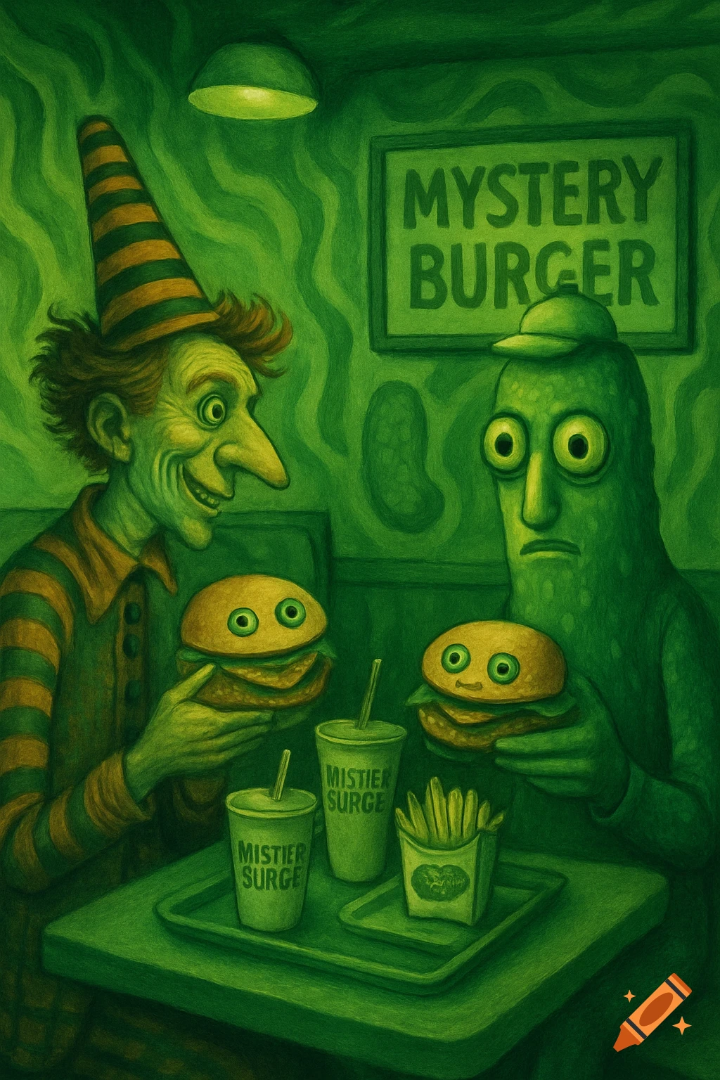 A creepy man in a striped hat and a green pickle-like man eat burgers with eyes in a green-hued diner under a sign that reads "Mystery Burger".