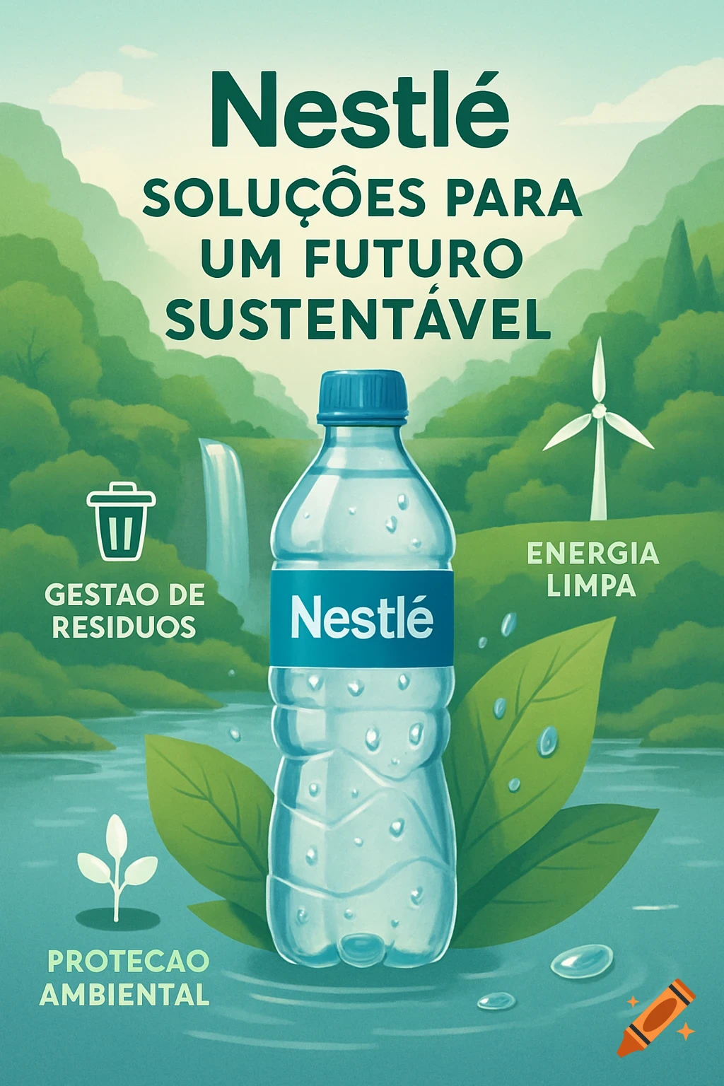 An illustrative poster for Nestlé showing a water bottle in a lush green natural landscape with a waterfall and wind turbine. Text promotes 'Nestlé Solutions for a Sustainable Future' and concepts like 'Waste Management', 'Clean Energy', and 'Environmental Protection'.