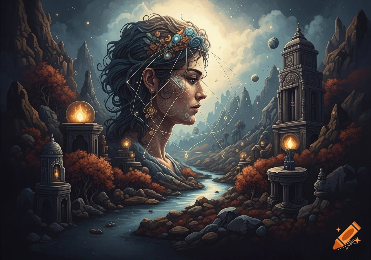 Stylized profile of a woman with mystical geometry in a cosmic, fantastical landscape with ancient ruins and a river.