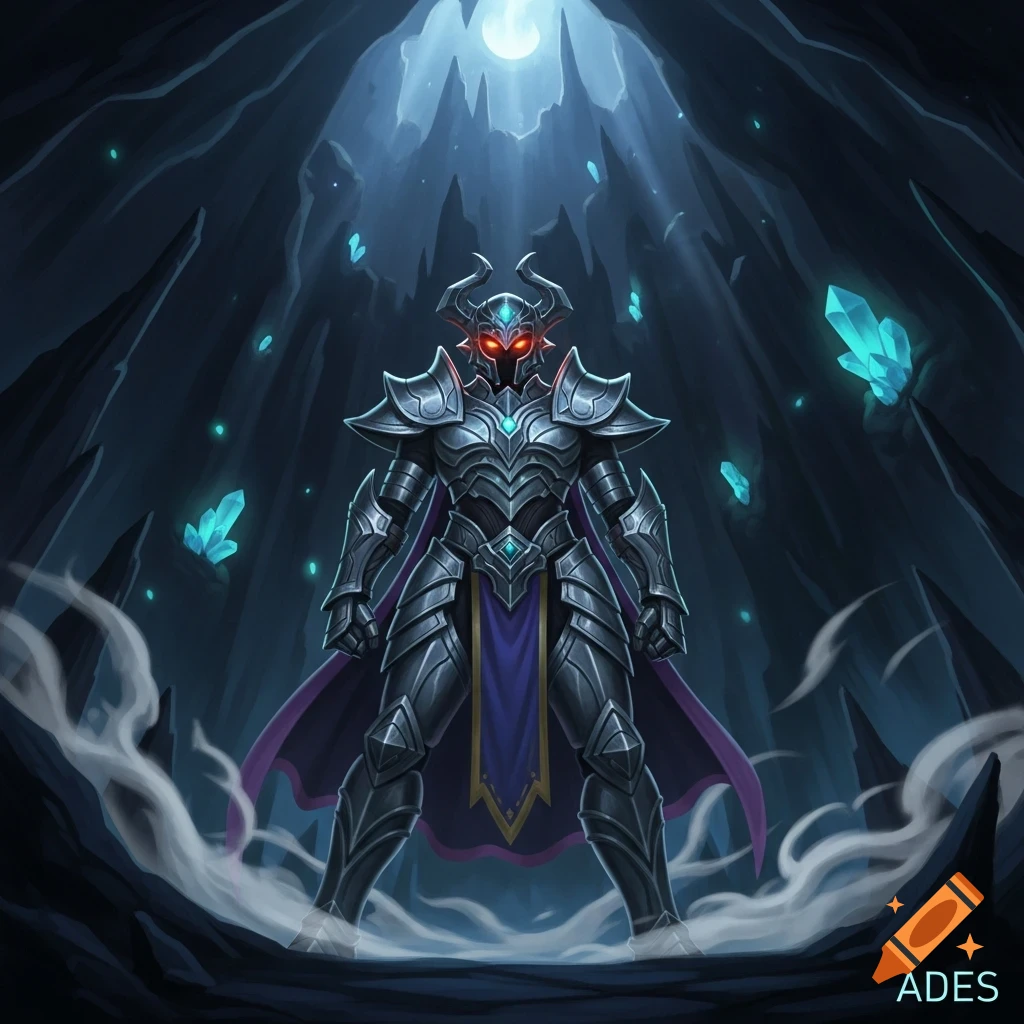 A heavily armored knight with glowing red eyes stands in a dark fantasy cave with glowing blue crystals under a moonlit opening.