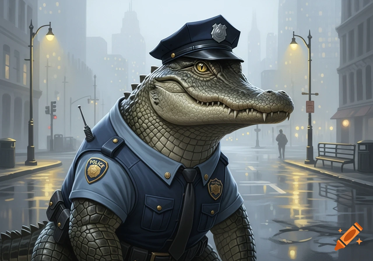A photorealistic alligator wearing a police uniform and cap stands in a misty city street at night, with illuminated streetlights and buildings in the background.