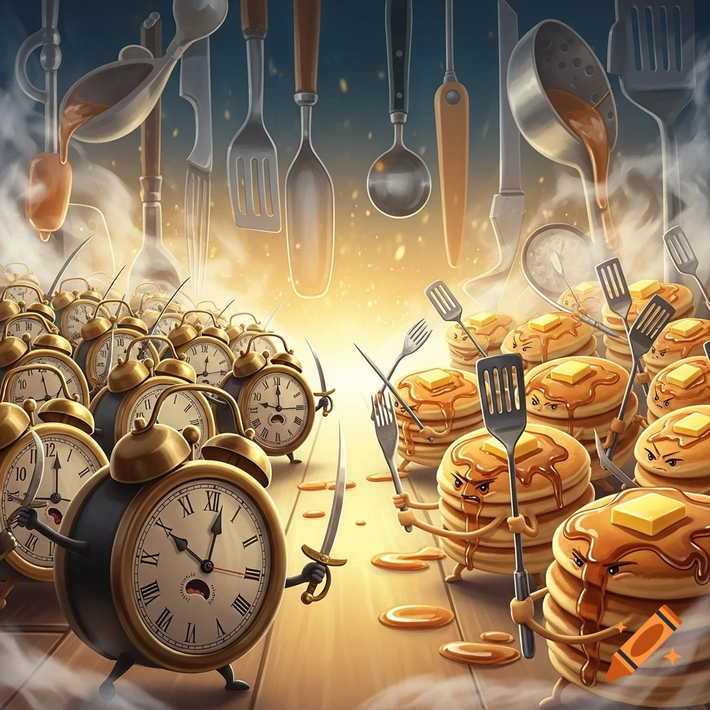 Cartoon alarm clocks with swords battle angry pancakes holding kitchen utensils on a wooden surface, with large kitchen tools overhead.
