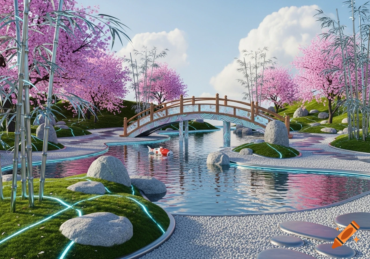 Stylized futuristic Japanese garden with pink cherry blossom trees, a bridge over a pond with a koi fish, and glowing blue accents.
