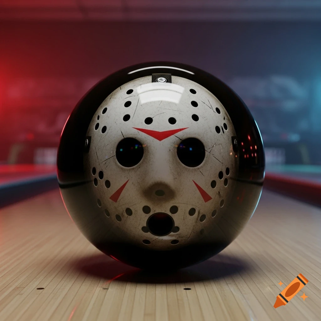 A shiny black bowling ball designed with a dirty white Jason Voorhees hockey mask, resting on a wooden bowling lane under red and blue lights.