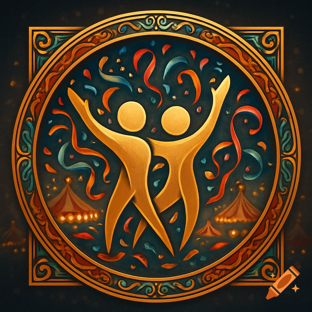 Ornate golden emblem featuring two abstract figures celebrating with arms raised amidst colorful confetti and carnival tents.