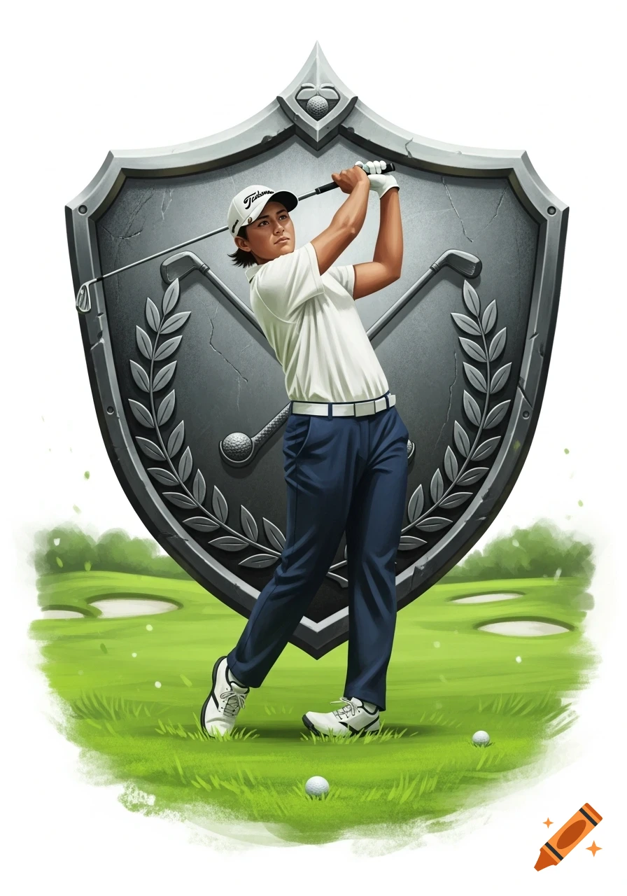 An illustration of a golfer in a white shirt and blue pants swinging a club, set against a large grey shield, on a green golf course.