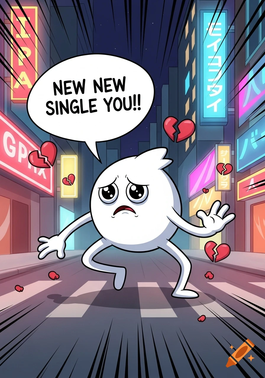 A sad, round white cartoon character with stick limbs and teary eyes stands in an urban street at night, surrounded by broken hearts and neon signs, with a speech bubble saying NEW NEW SINGLE YOU!!