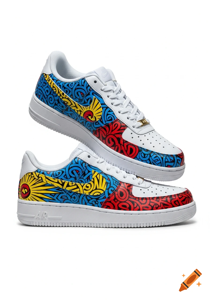 A pair of white Nike Air Force 1 sneakers with custom blue, yellow, and red swirling patterns, displayed on a white background.