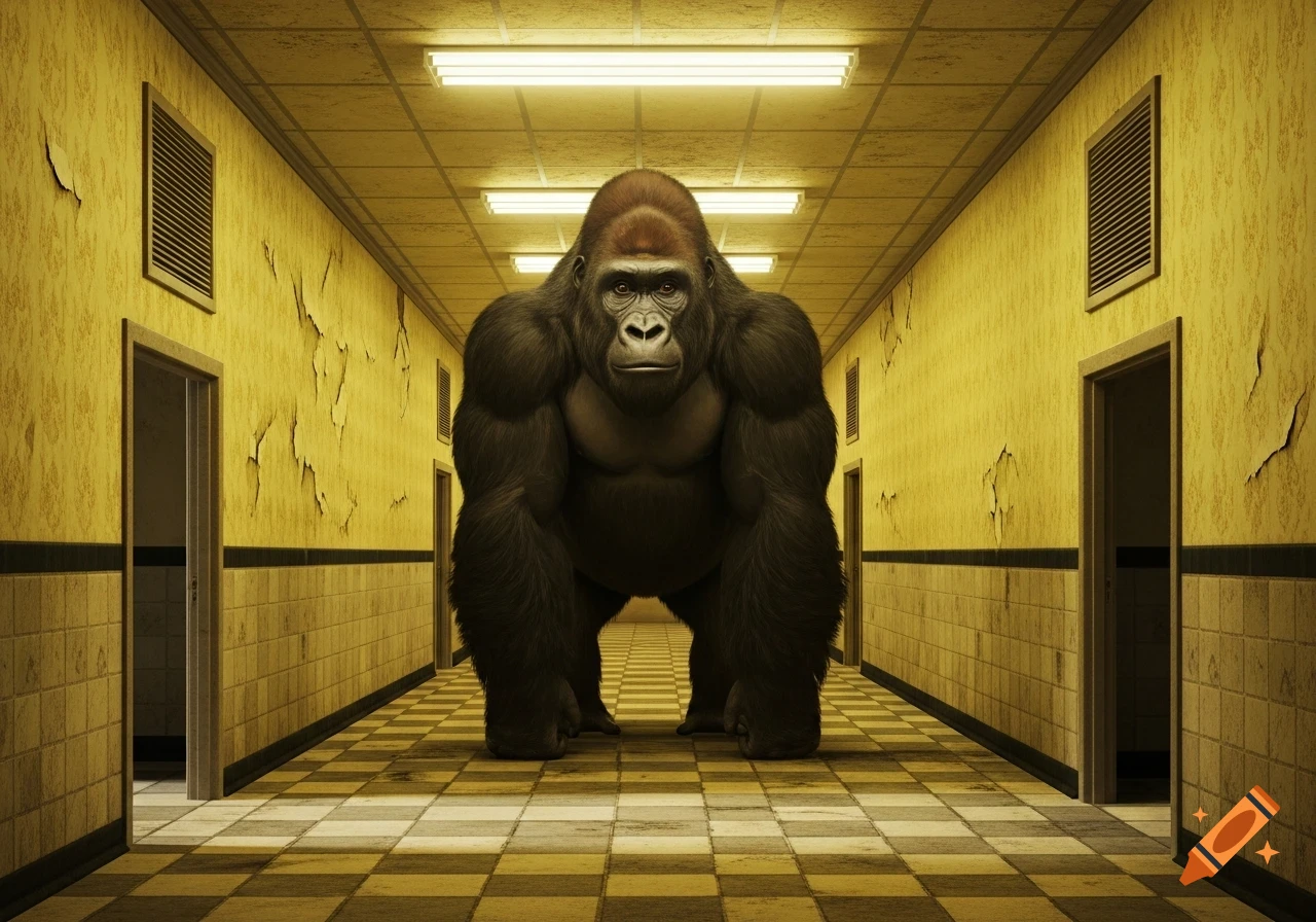 A large gorilla stands in the center of a long, run-down hallway with peeling yellow wallpaper and checkered floor tiles.