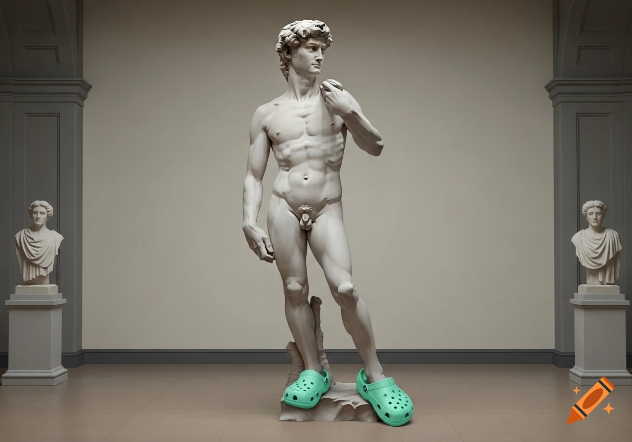 Michelangelo's David statue stands in a museum, humorously depicted wearing bright green Crocs.