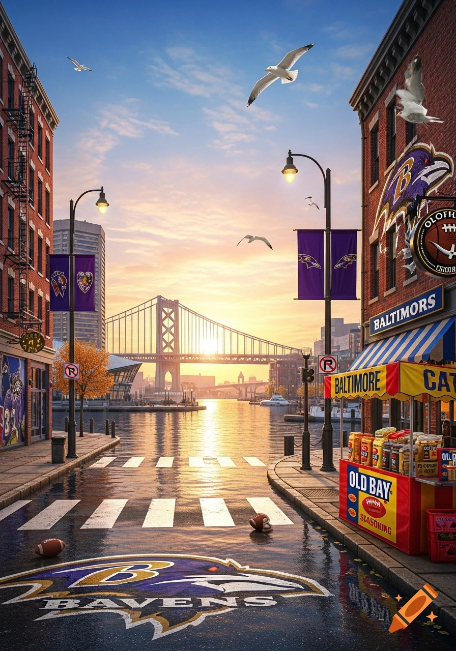 Photorealistic Baltimore street scene with the Inner Harbor, a bridge ...