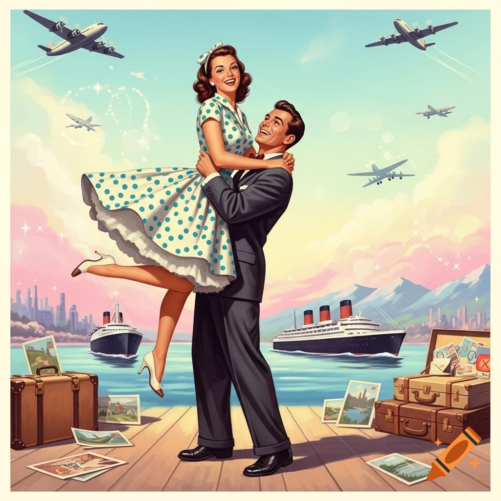 A smiling couple in 1950s style poses on a dock with luggage and travel photos, cruise ships, cityscape, and planes in the background.