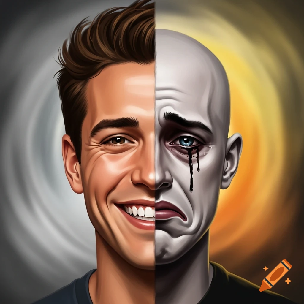 Split portrait of a man, one side happy and smiling with brown hair, the other side bald, pale, and crying black tears.