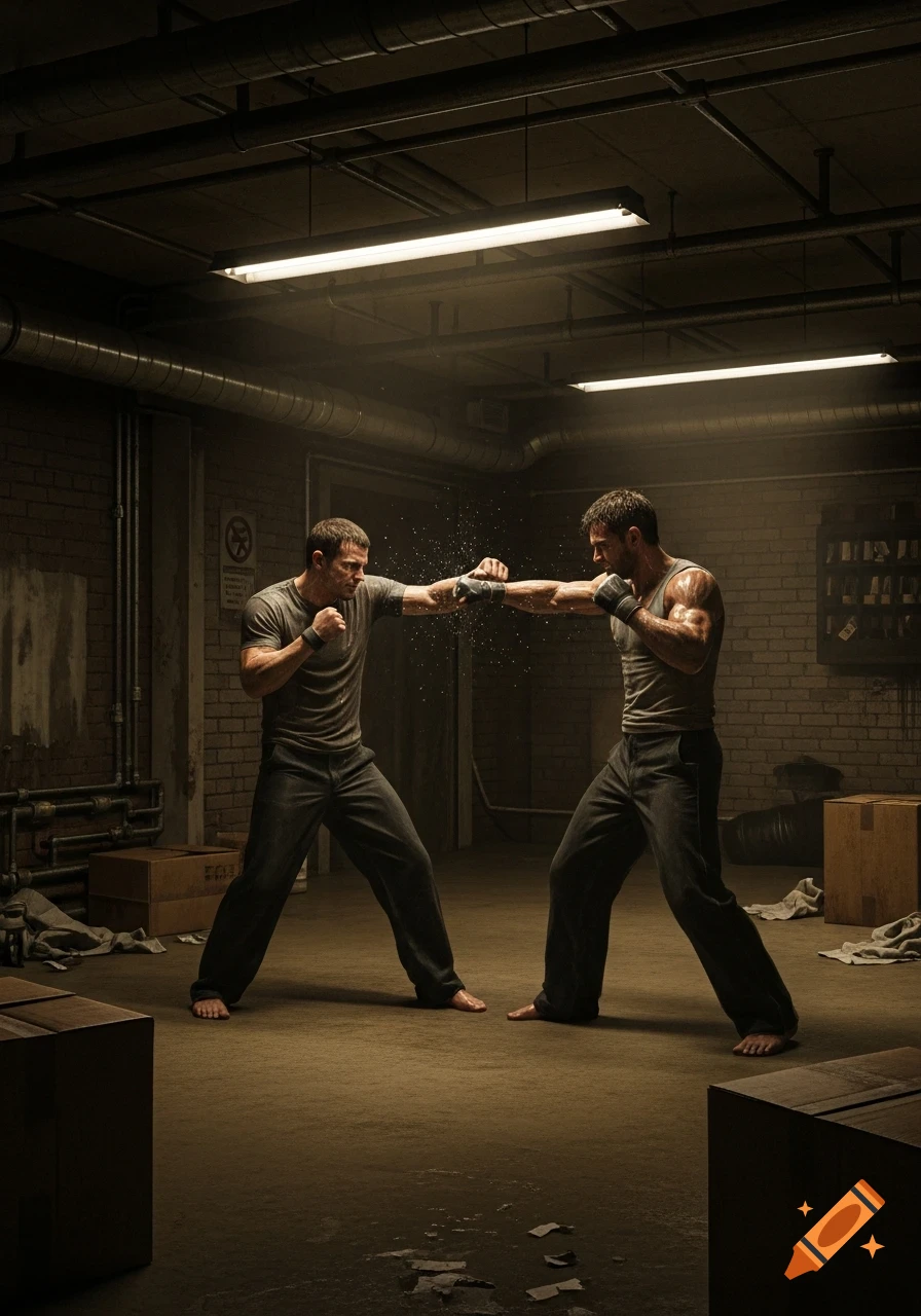Two men with wrapped fists spar in a dimly lit, gritty industrial room, caught mid-action with water droplets flying. Photorealistic.