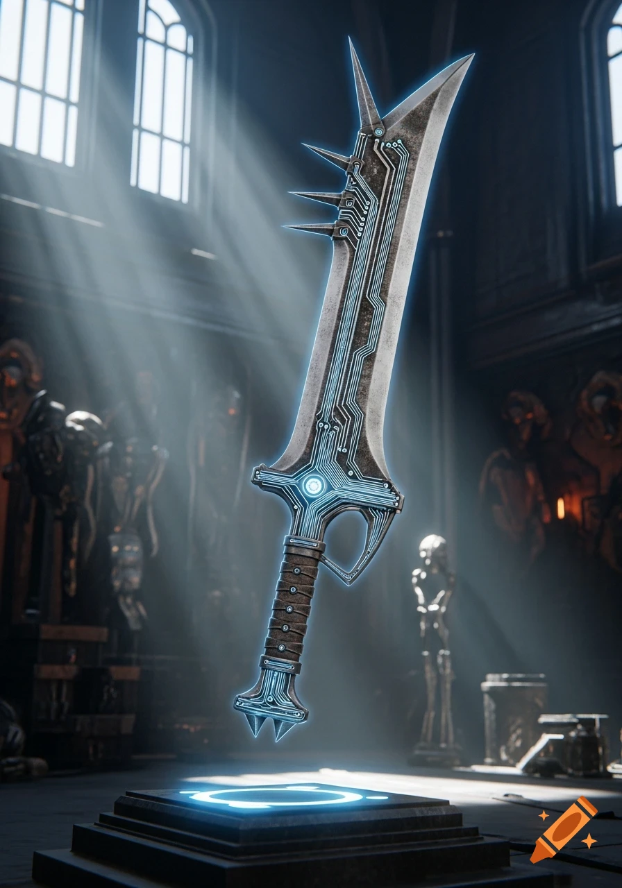 A spiked, sci-fi sword with glowing circuitry details and a wrapped handle floats above a glowing platform in a dark, light-filled chamber.