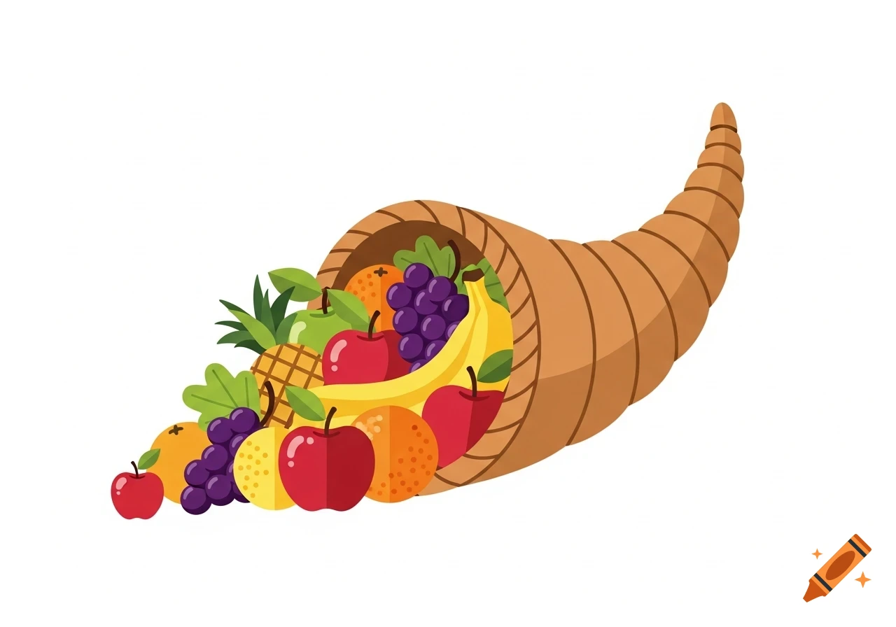 A flat illustration of a brown cornucopia overflowing with colorful fruits like apples, bananas, grapes, pineapple, and oranges on a white background.