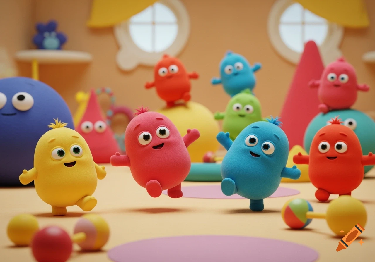 Brightly colored, blob-like cartoon characters with happy faces in a playful indoor setting with toys.
