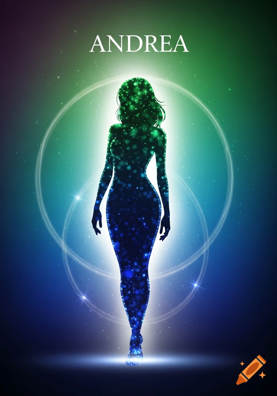 Sparkling green and blue female silhouette against a cosmic background with glowing rings, and the name ANDREA.