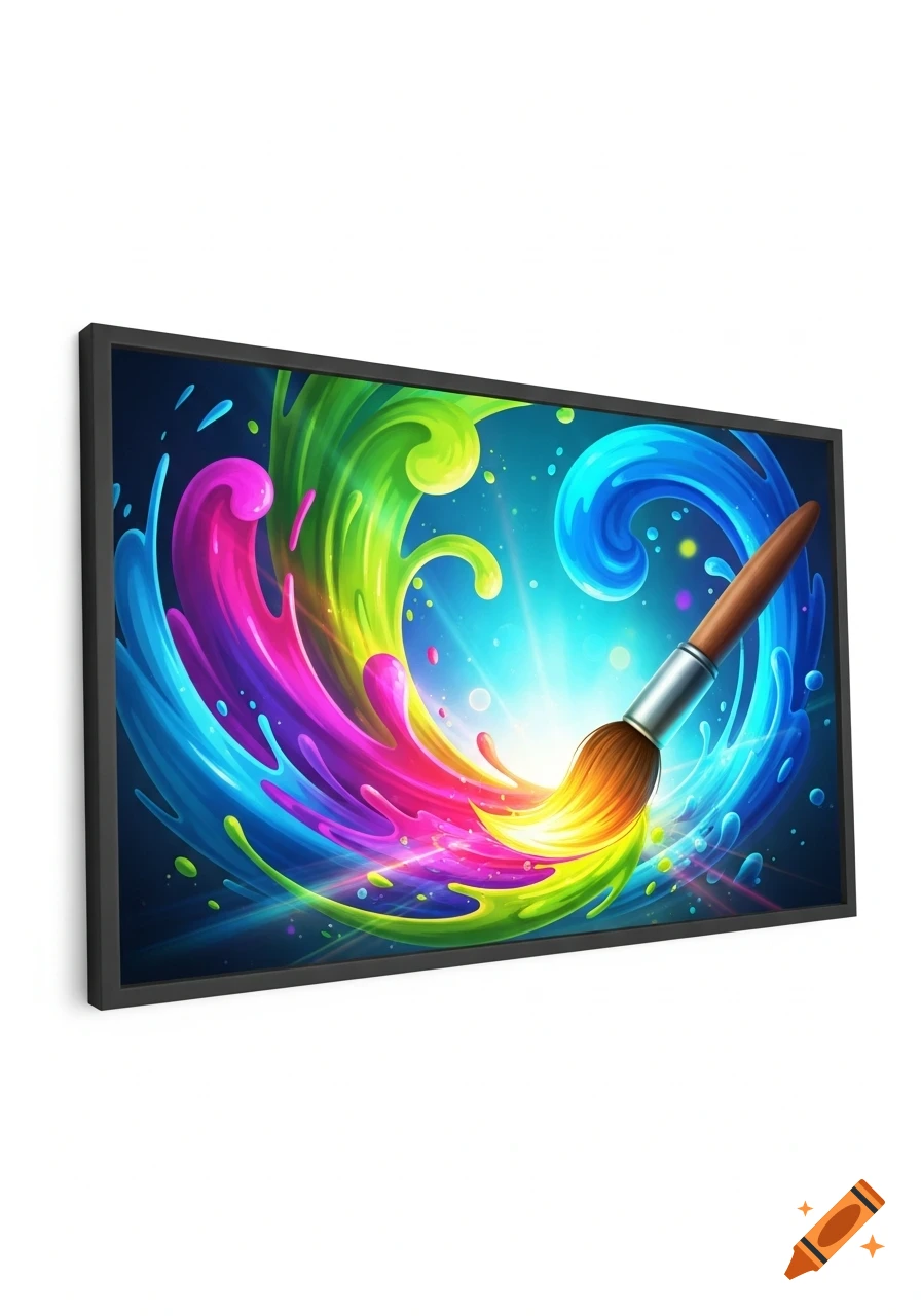 A paintbrush creates a vibrant, rainbow-colored splash of paint on a dark background, set in a black frame.