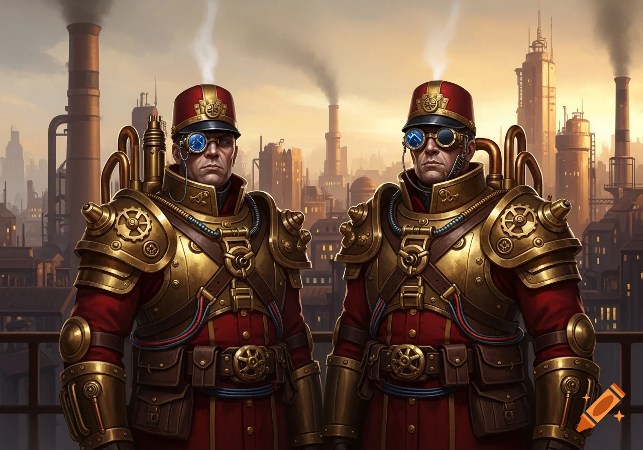 Two men in elaborate red and gold steampunk uniforms with goggles stand against an industrial city skyline.