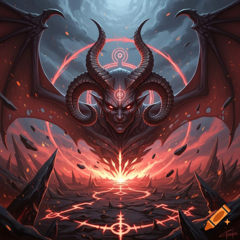 A detailed illustration of a powerful horned, winged demon with glowing red eyes, rising above a fiery, rocky landscape with glowing magic symbols.