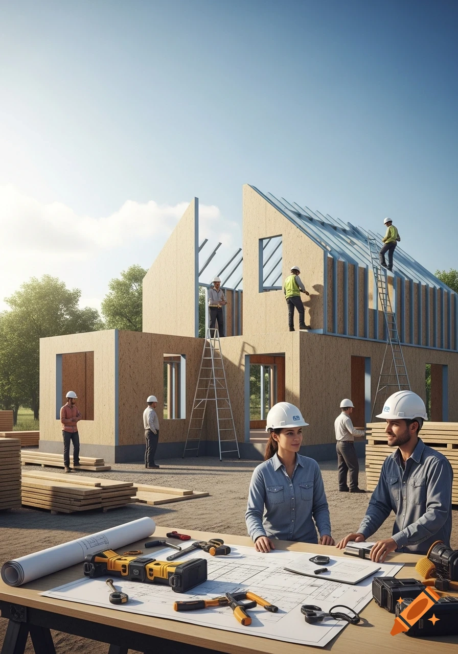 A construction site with workers framing a house, and two engineers discussing plans at a table in the foreground. Photorealistic.
