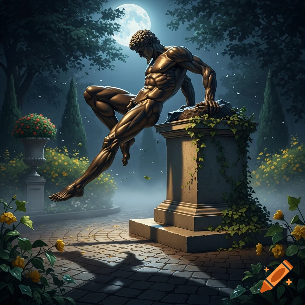 A bronze-like nude male statue in a dynamic pose, climbing off a stone pedestal in a moonlit garden.