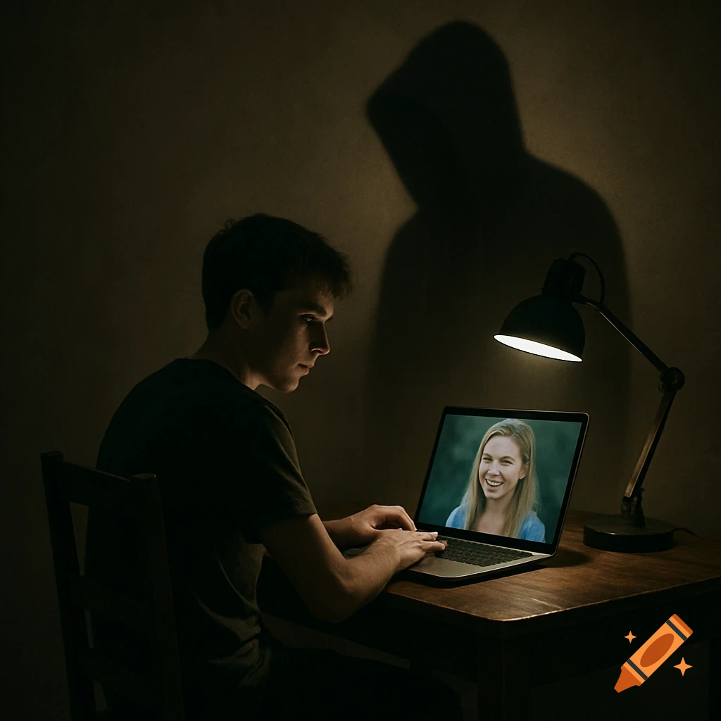 A teenage boy looks at a laptop showing a smiling girl, while a menacing hooded shadow looms behind him in a dark room.