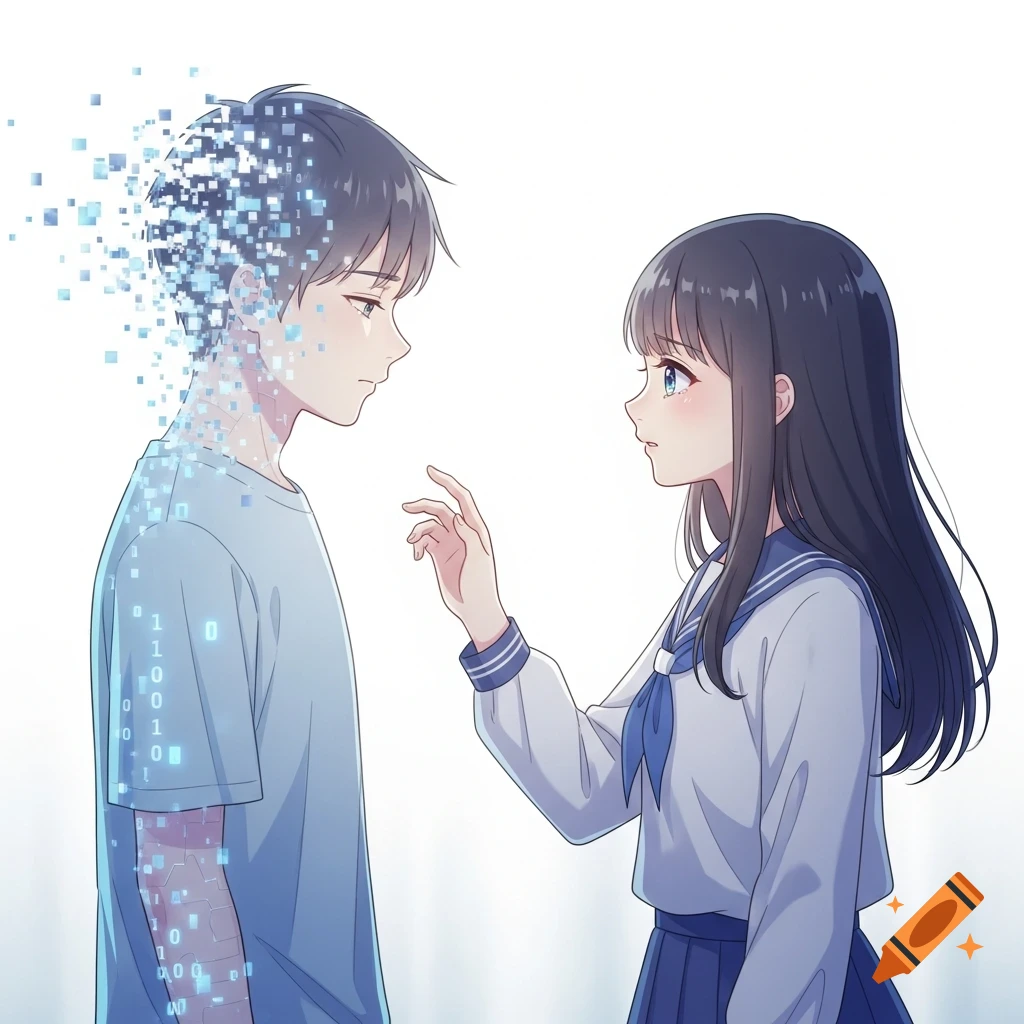 Anime boy disintegrating into binary code fragments as a girl watches sadly with concern.