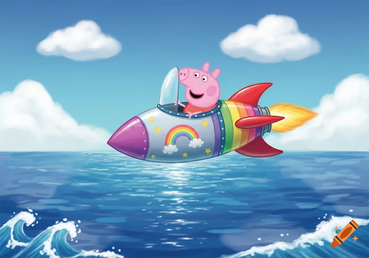Cartoon Peppa Pig flying a colorful rocket over a blue ocean with waves under a bright sky.