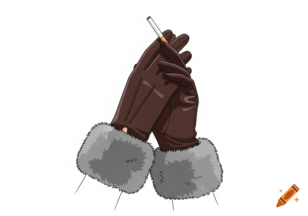 Illustration of hands in brown fur-cuffed leather gloves holding a lit cigarette against a white background.