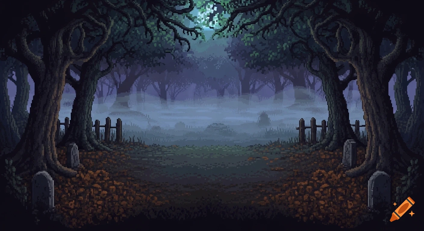 Pixel art of a dark, misty forest with twisted trees, a wooden fence, and gravestones under moonlight.