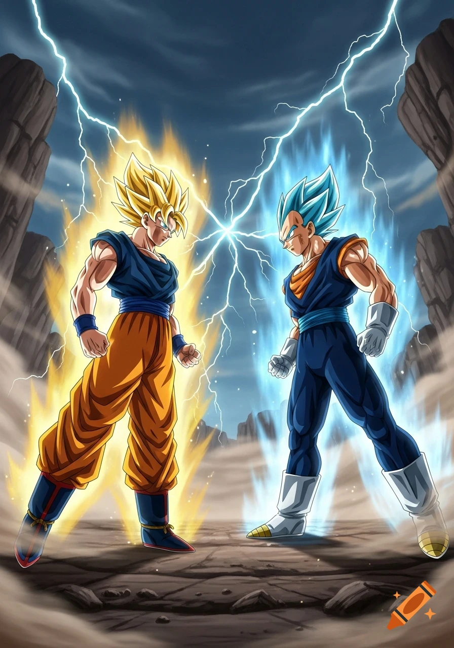 Goku and Vegeta, powered up in Super Saiyan and Super Saiyan Blue forms, face each other with lightning crackling between them.