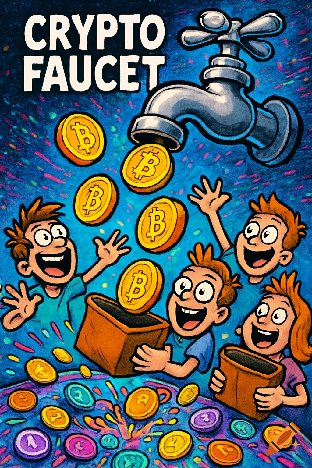 A vibrant cartoon depicts a faucet pouring Bitcoin coins into boxes held by excited cartoon people, with "CRYPTO FAUCET" text.