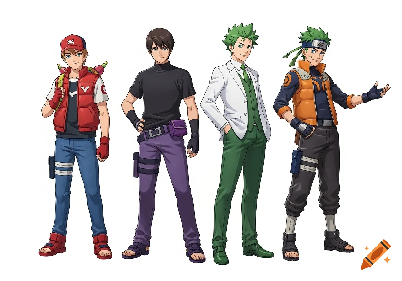Four stylized young male anime characters in different outfits stand against a white background.