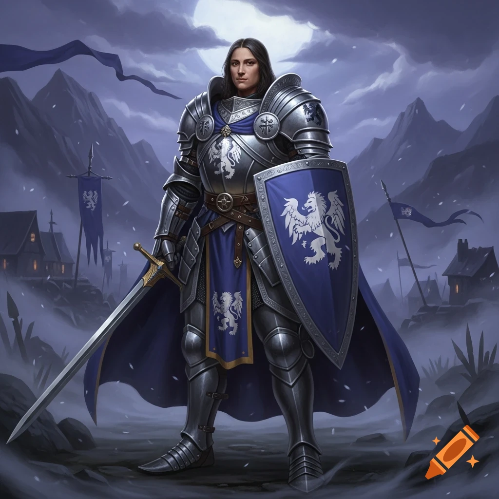 A knight in shining silver armor, blue cape, and shield with a white lion emblem, stands in a snowy medieval landscape under a full moon.