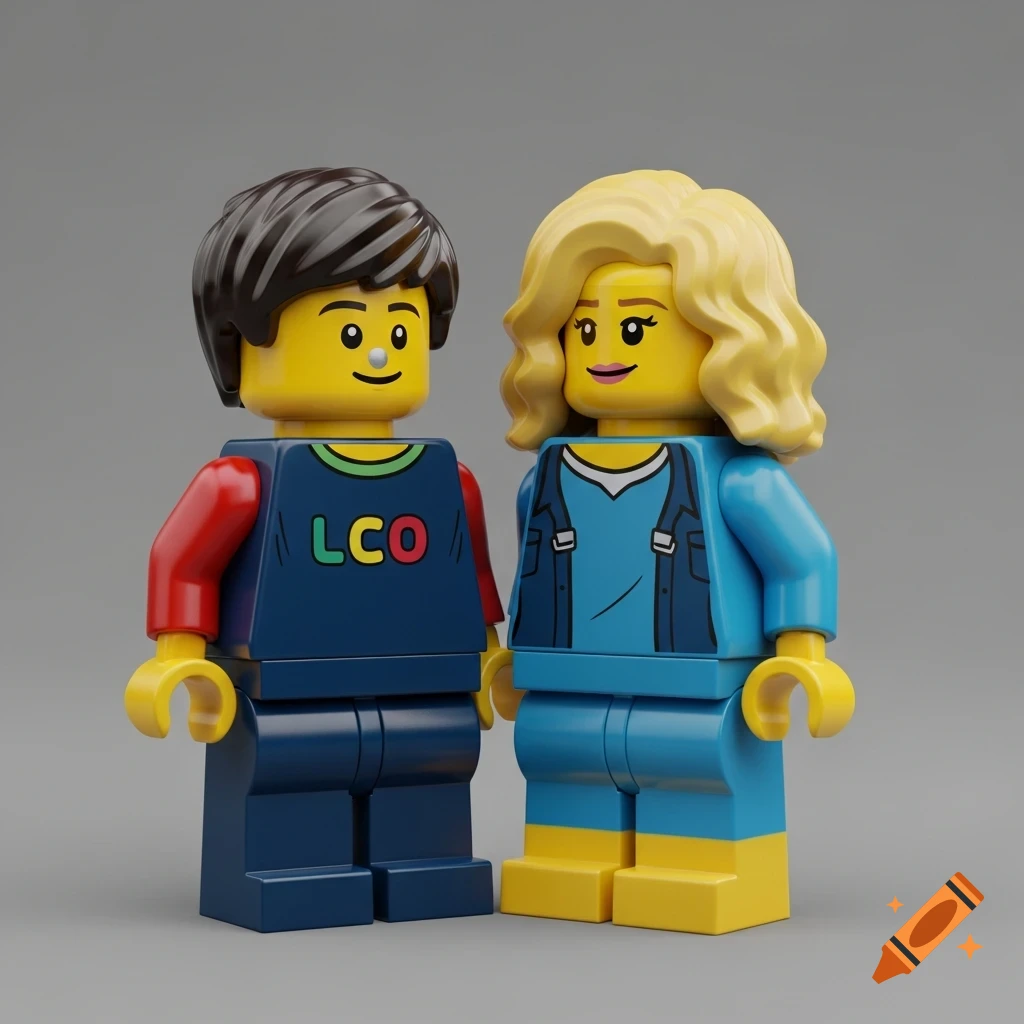 Two smiling Lego minifigures, a man with dark hair and a woman with blonde hair, stand against a gray background in a 3D rendering.