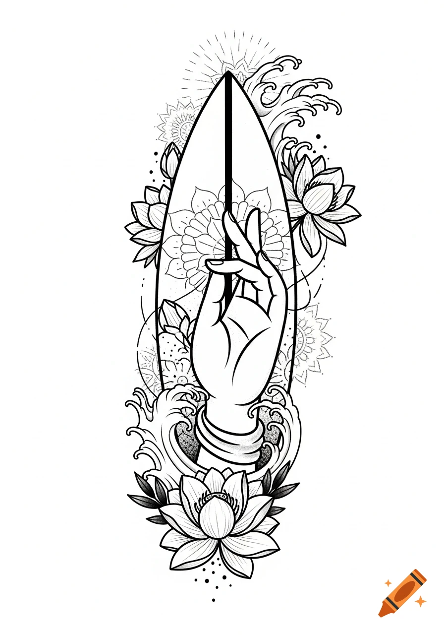 Black and white line art tattoo design featuring a hand in a mudra gesture holding a surfboard, surrounded by lotus flowers, waves, and mandala patterns.