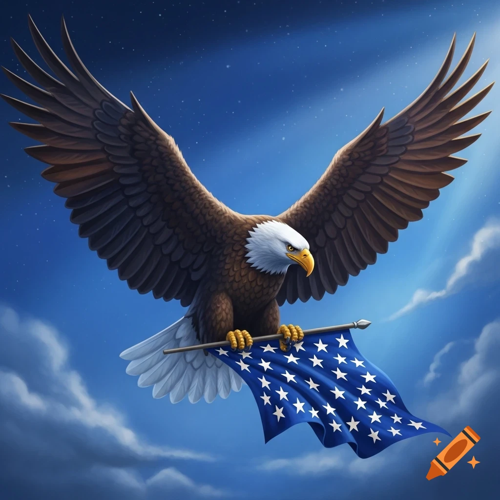 A majestic bald eagle with wide wings soars through a starry blue sky, carrying a blue flag with white stars.