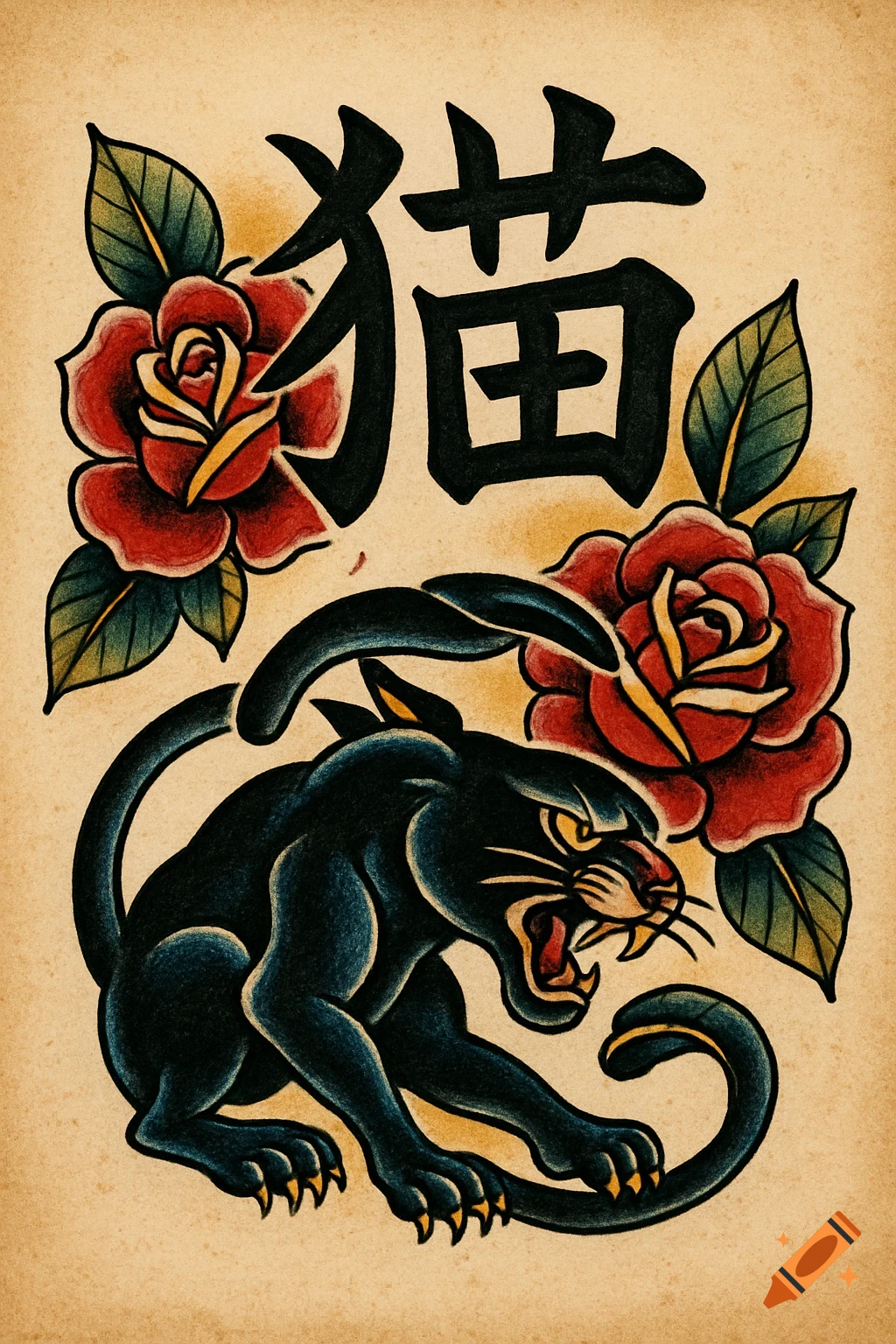 American traditional tattoo of a black panther, red roses, and the Japanese kanji for 'cat' on aged paper.