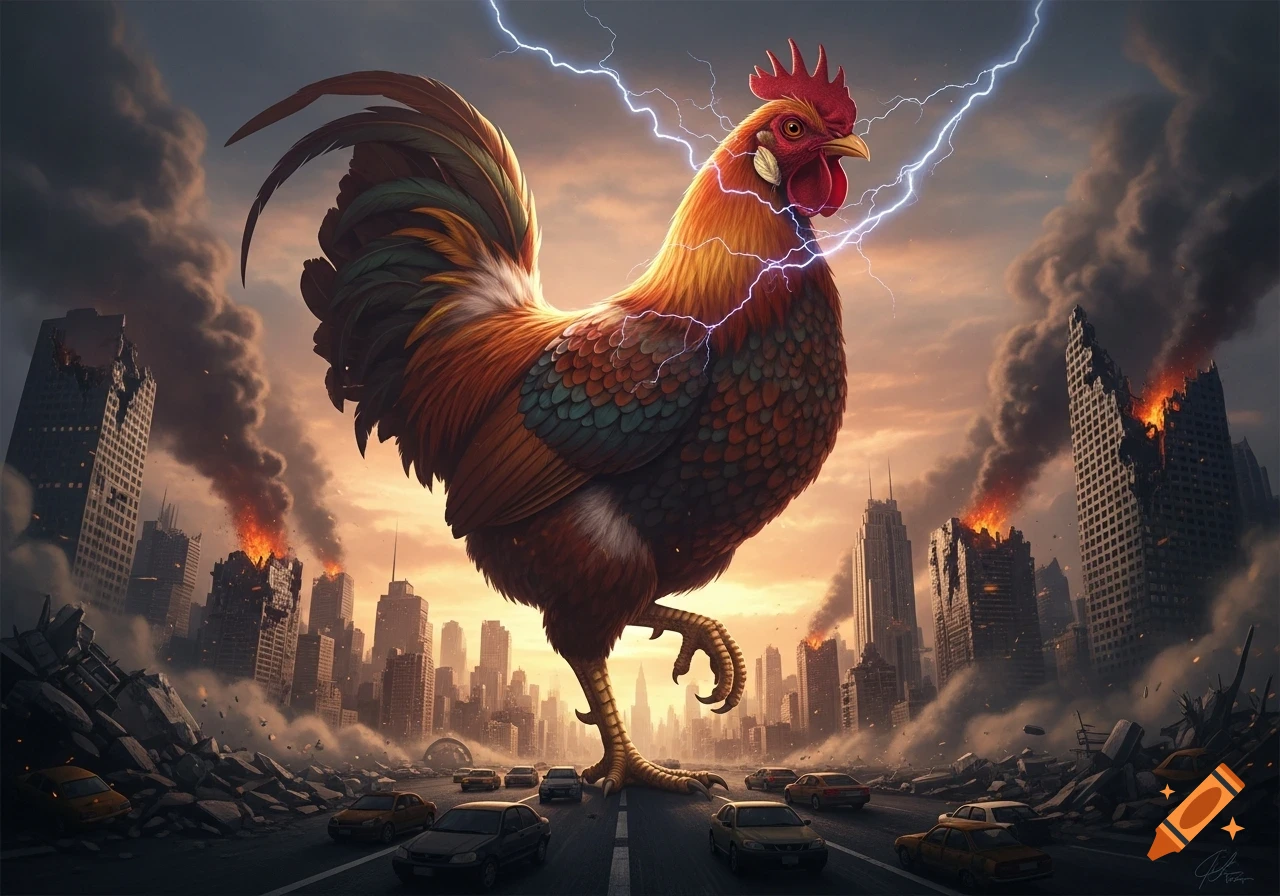 A giant, photorealistic chicken with lightning around it stomps through a burning, destroyed city with smoke plumes.